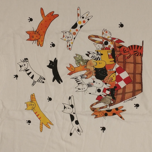 Vintage Cat Tee Kathy Davis Kitty Basket Deadstock Unworn Cotton Single Stitch L - Picture 1 of 9